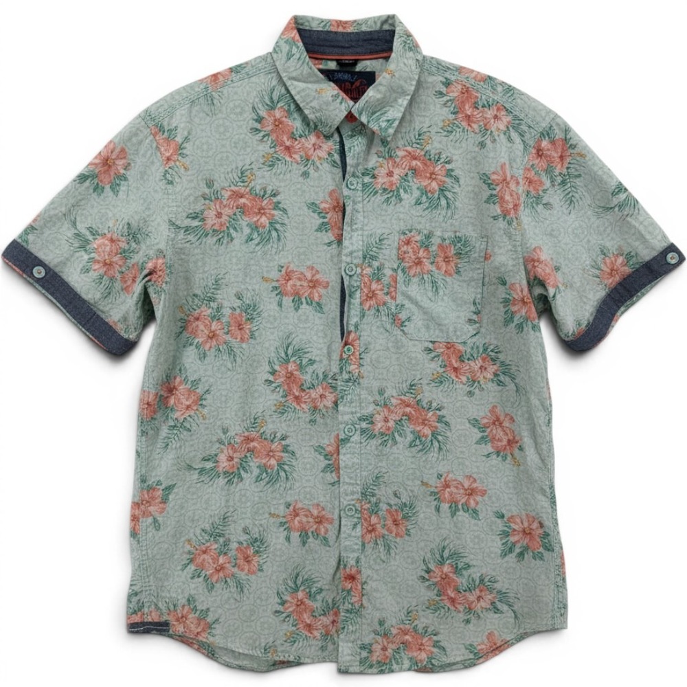 Tranquilly Mayhem Mens L Tropical Hibiscus Floral Button Down Shirt‎ Green Pink